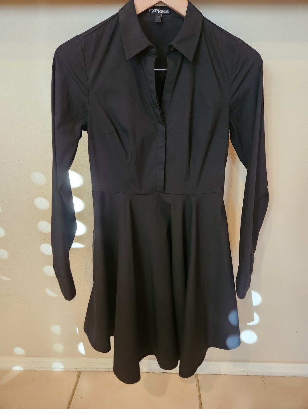Express Black Long-Sleeve  A-line Flirty Shirt Dress With Pockets!